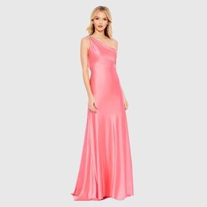 NWT $298 MAC DUGGAL Beaded One Shoulder Column Gown DRESS SATIN SILK PINK 68046
